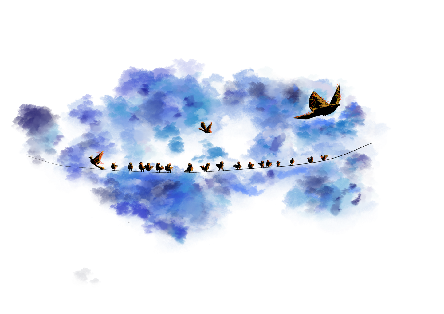 Digital illustration of small birds perched on a wire with two flying
free against blue watercolor clouds, by Rogelio García Miami