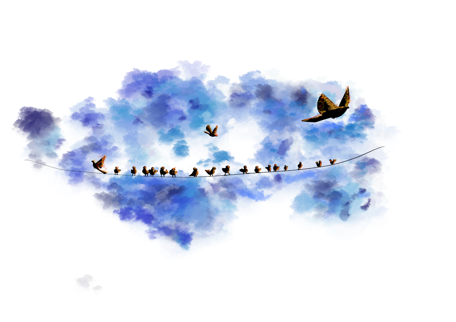 Digital illustration of small birds perched on a wire with two flying 
free against blue watercolor clouds, by Rogelio García Miami