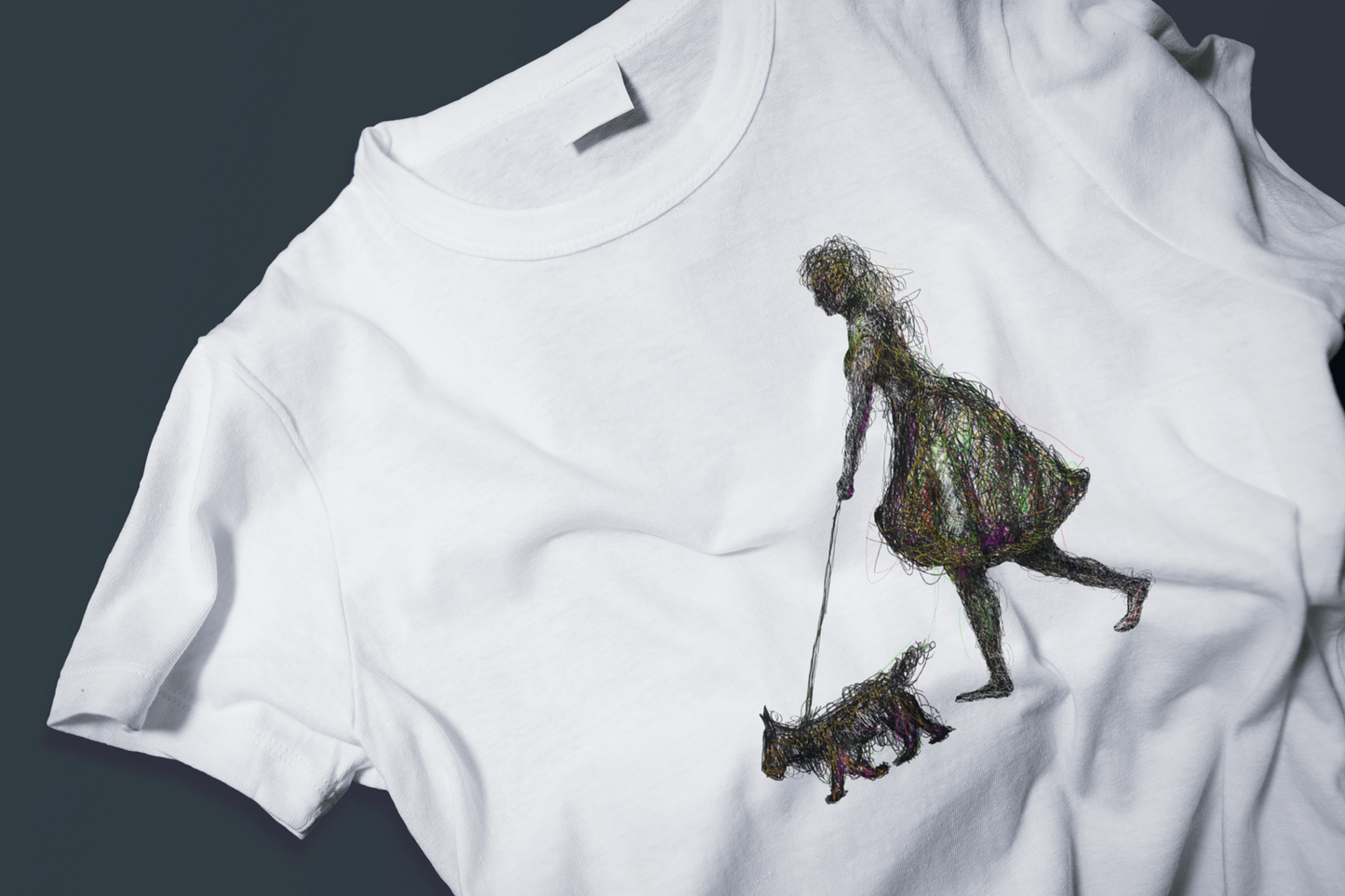 Digital illustration of a woman walking a dog, both figures constructed 
from tangled colorful lines, by Cuban artist Rogelio García Miami