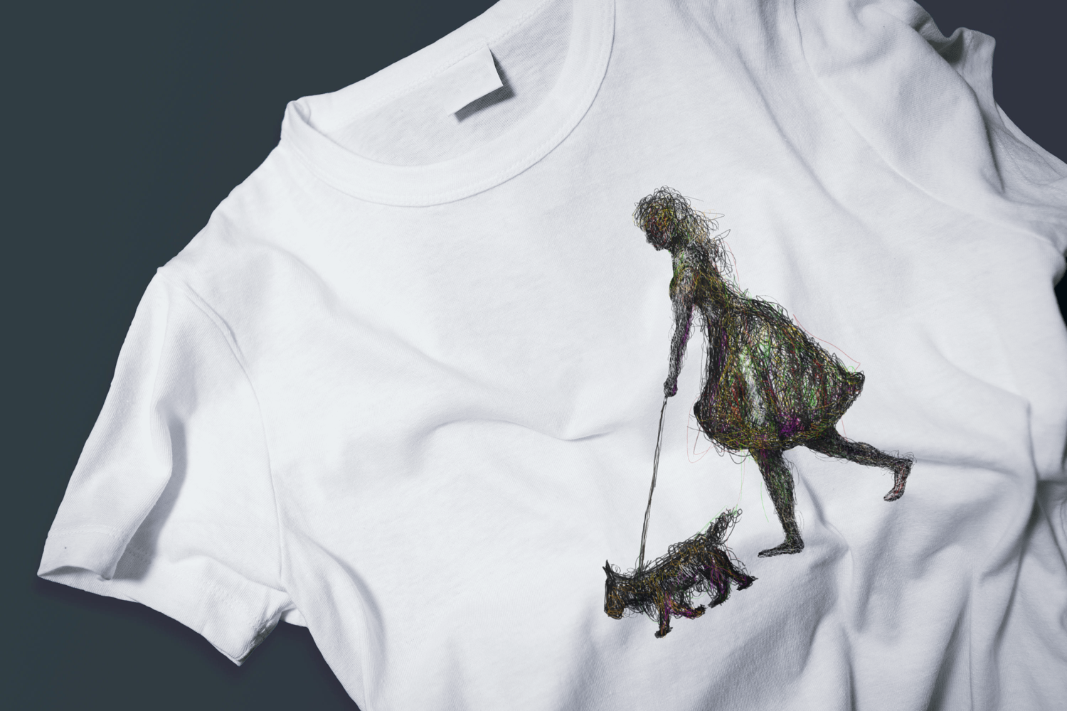 Digital illustration of a woman walking a dog, both figures constructed 
from tangled colorful lines, by Cuban artist Rogelio García Miami