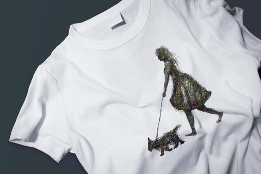 Digital illustration of a woman walking a dog, both figures constructed 
from tangled colorful lines, by Cuban artist Rogelio García Miami