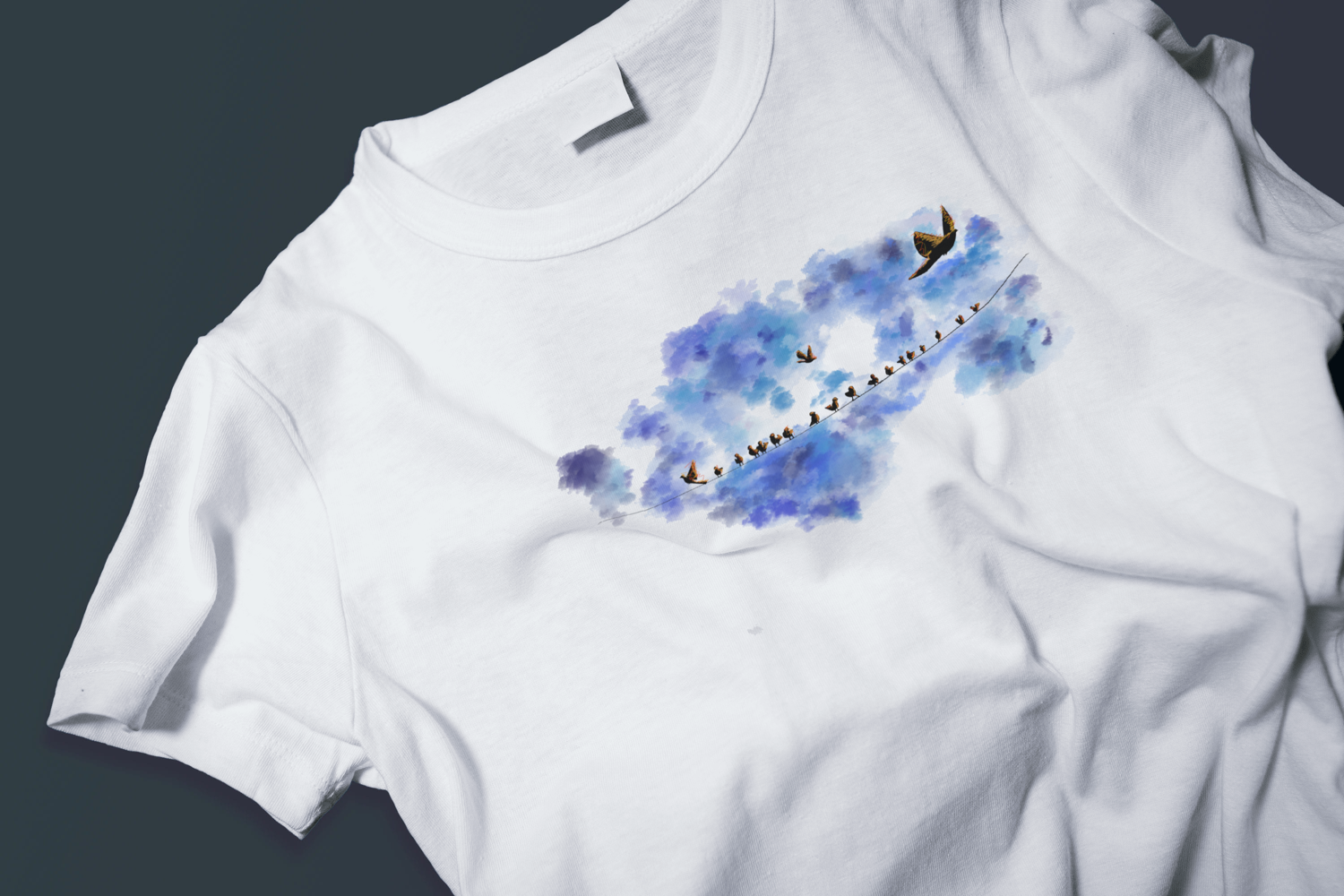 Digital illustration of small birds perched on a wire with two flying 
free against blue watercolor clouds, by Rogelio García Miami