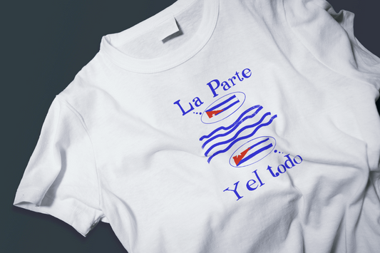 Digital illustration showing the Cuban flag whole above waves and 
fragmented below, titled La Parte y el Todo, by Rogelio García Miami